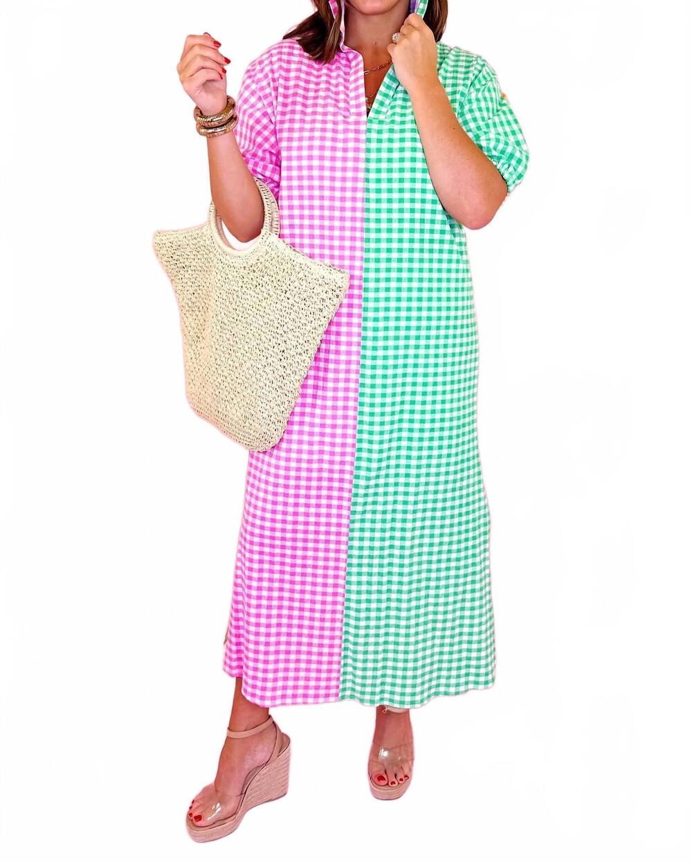 NEW ADRIENNE spring gingham midi dress in pink